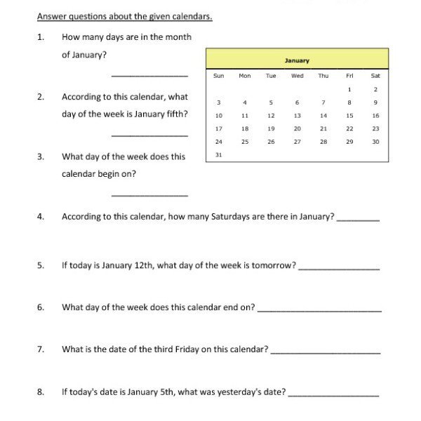 First Grade Calendar Worksheet 10 â One Page Worksheets